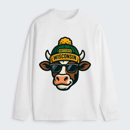 Wisconsin Cow wearing Packers beanie with Lambeau patch and wayfarer - Classic Long Sleeve Shirt - White