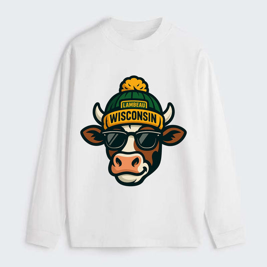 Wisconsin Cow wearing Packers beanie with Lambeau patch and wayfarer - Classic Long Sleeve Shirt - White