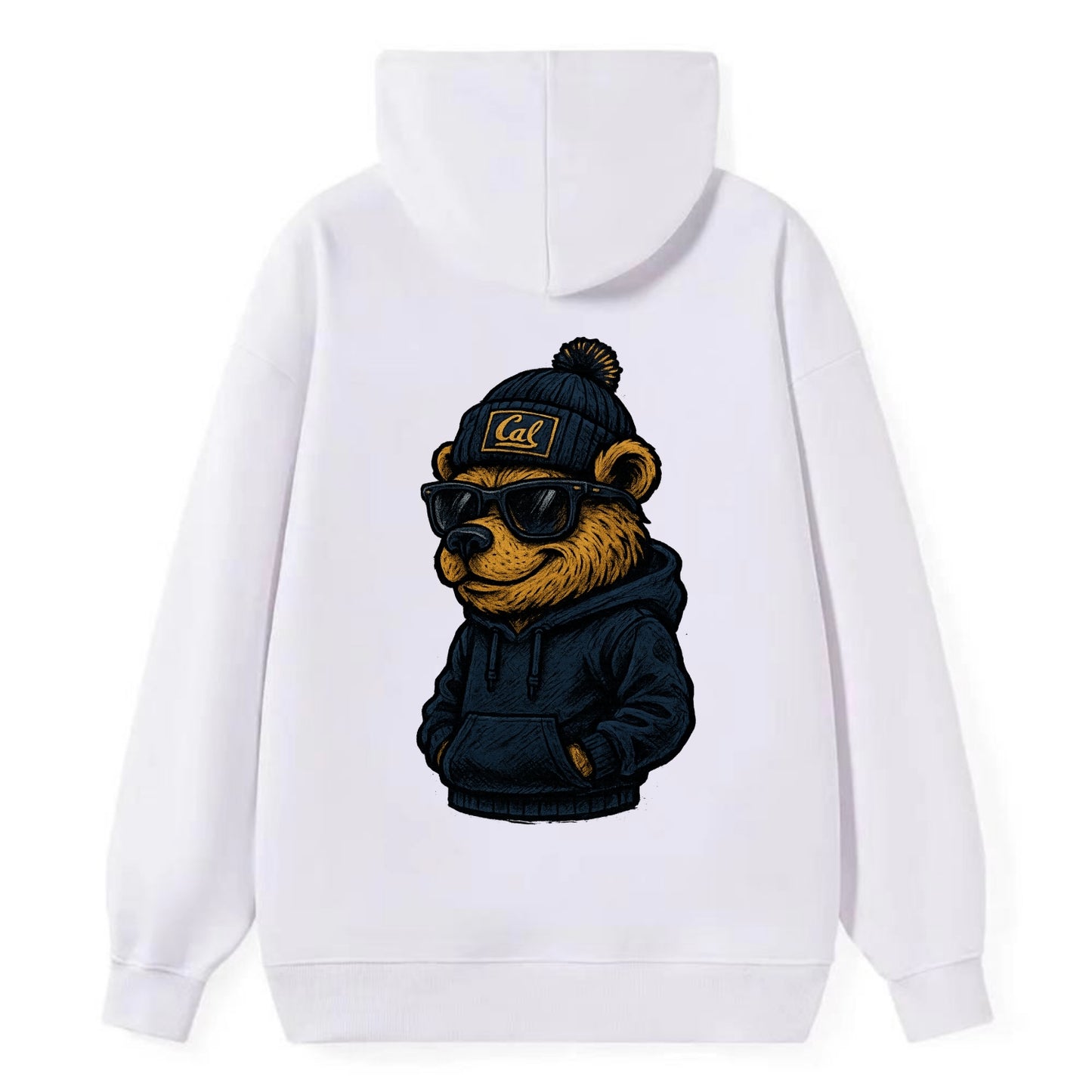 Berkeley Bear wearing Cal beanie with script patch - Classic Pullover Hoodie - White