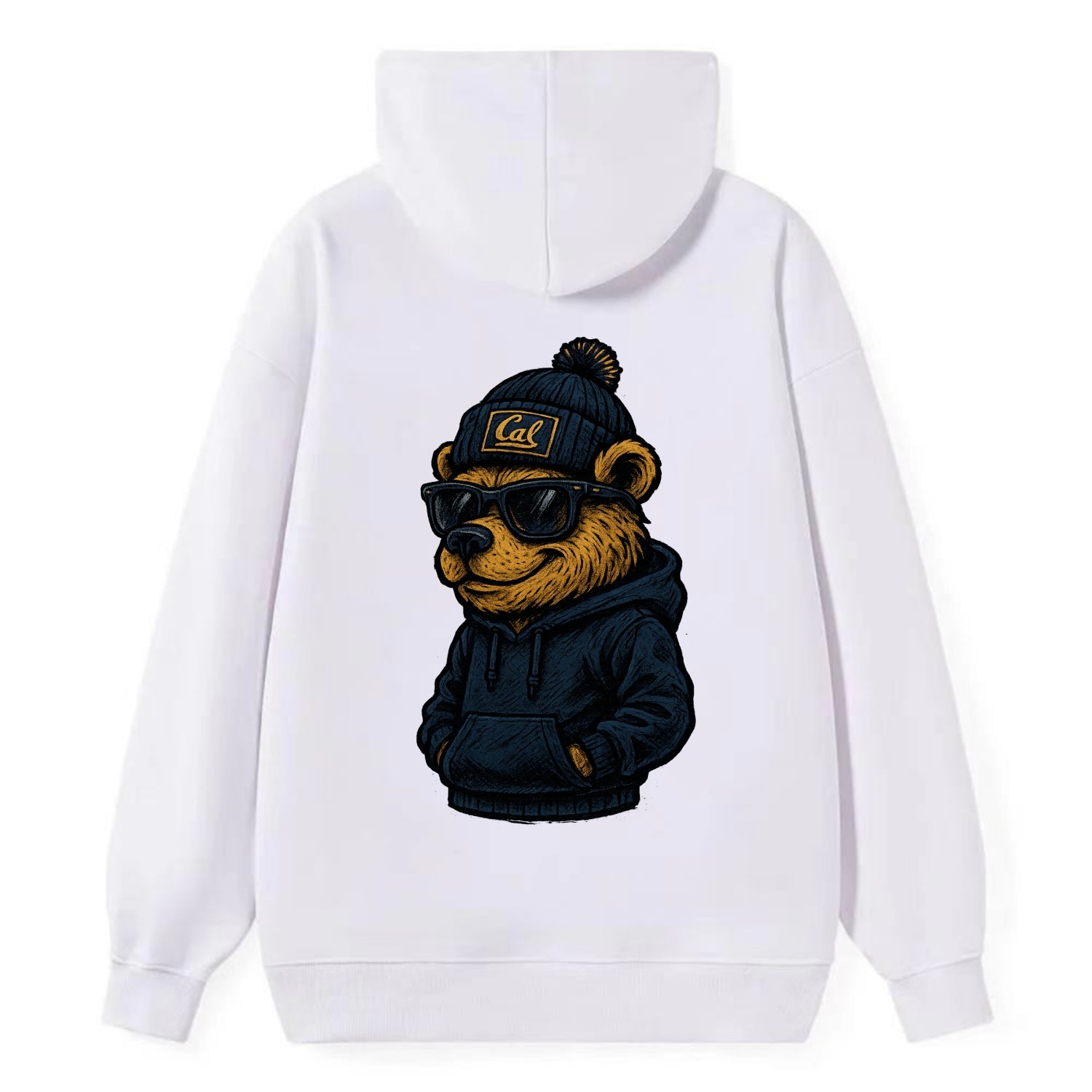 Berkeley Bear wearing Cal beanie with script patch - Classic Pullover Hoodie - White