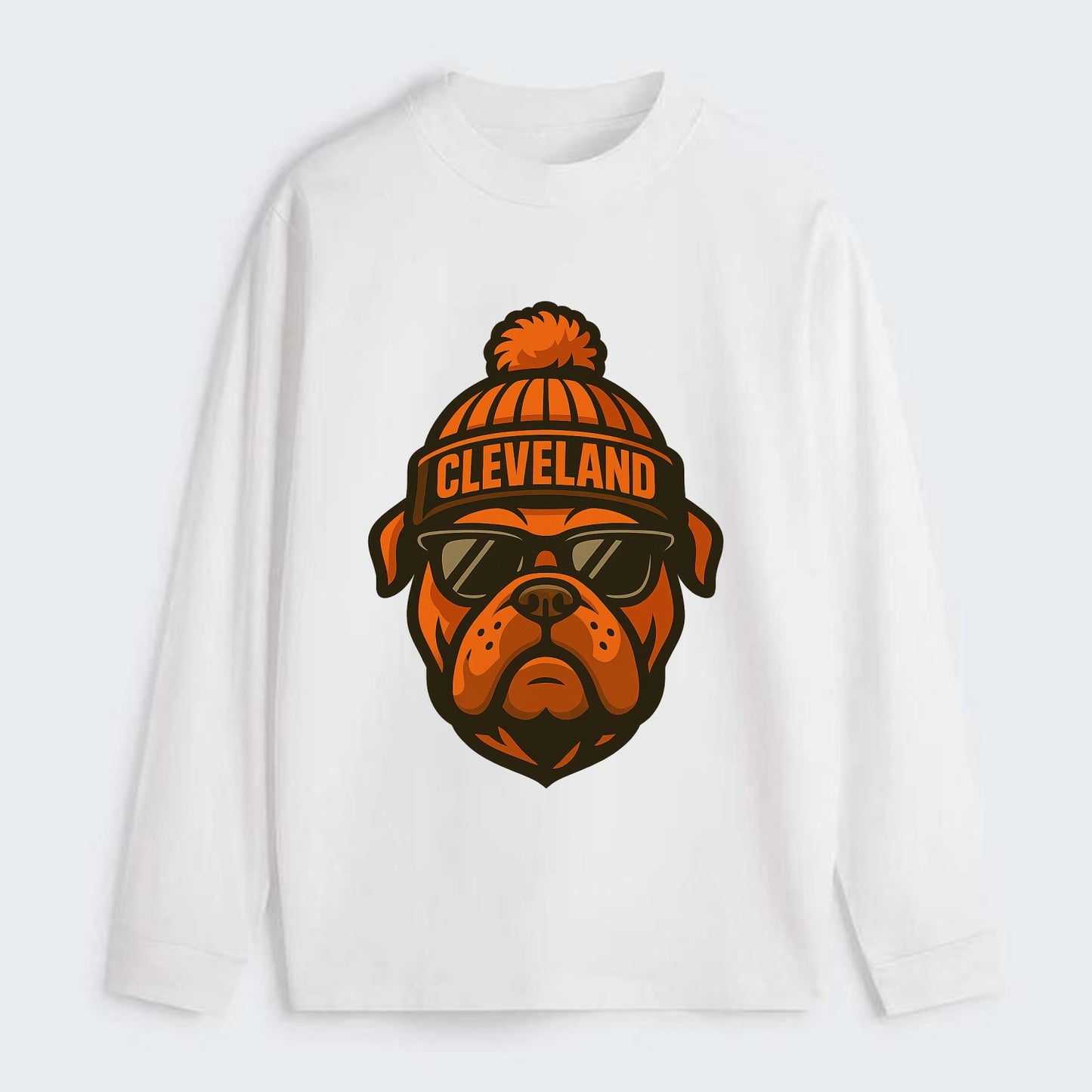 Cleveland Bulldog wearing Browns orange and brown beanie with pom pom - Classic Long Sleeve Shirt - White
