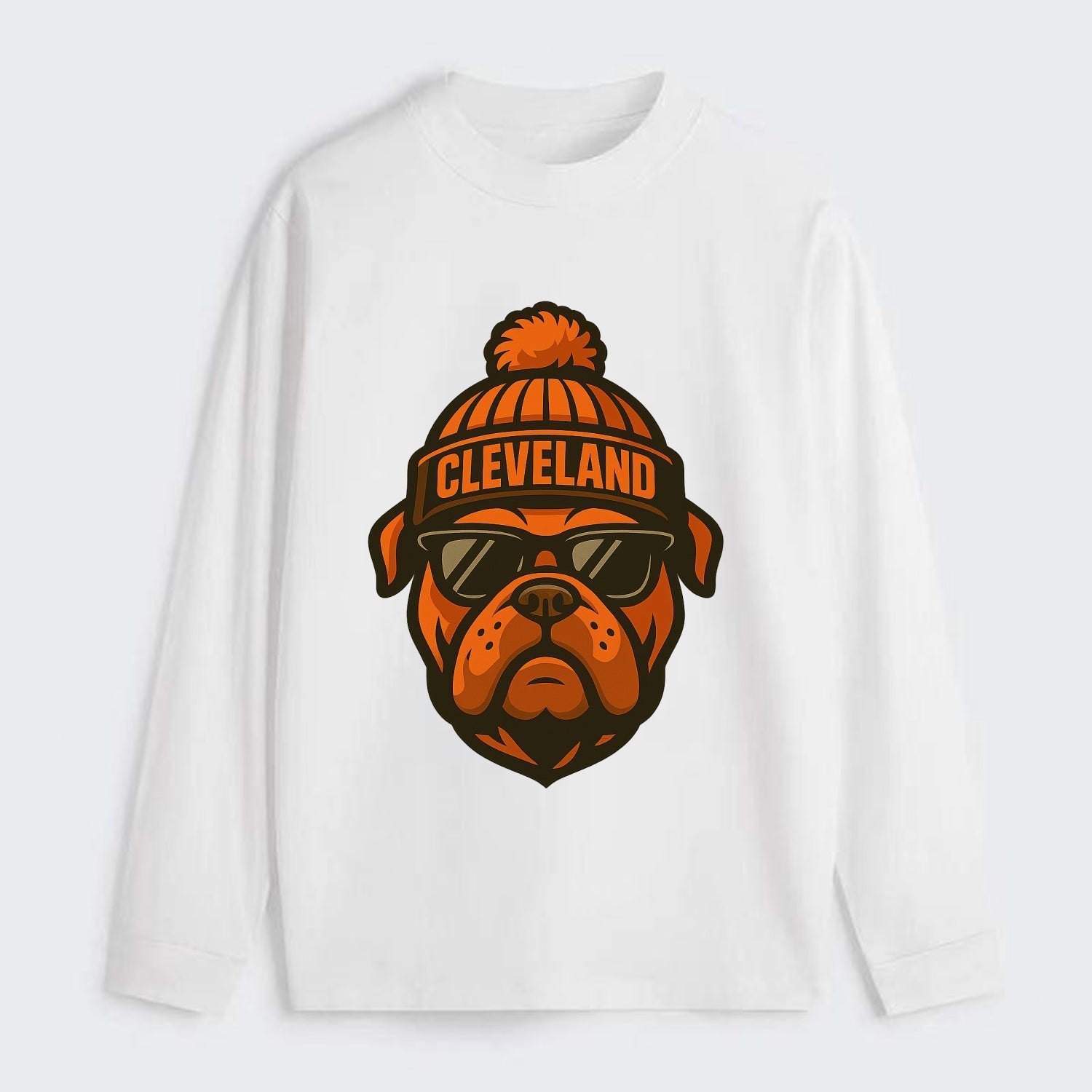 Cleveland Bulldog wearing Browns orange and brown beanie with pom pom - Classic Long Sleeve Shirt - White