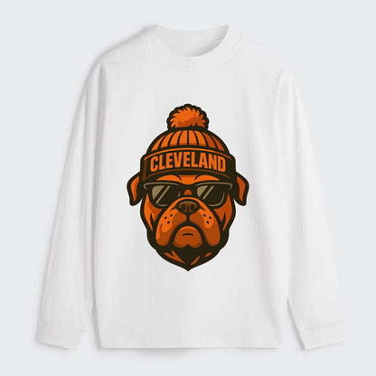Cleveland Bulldog wearing Browns orange and brown beanie with pom pom - Classic Long Sleeve Shirt - White
