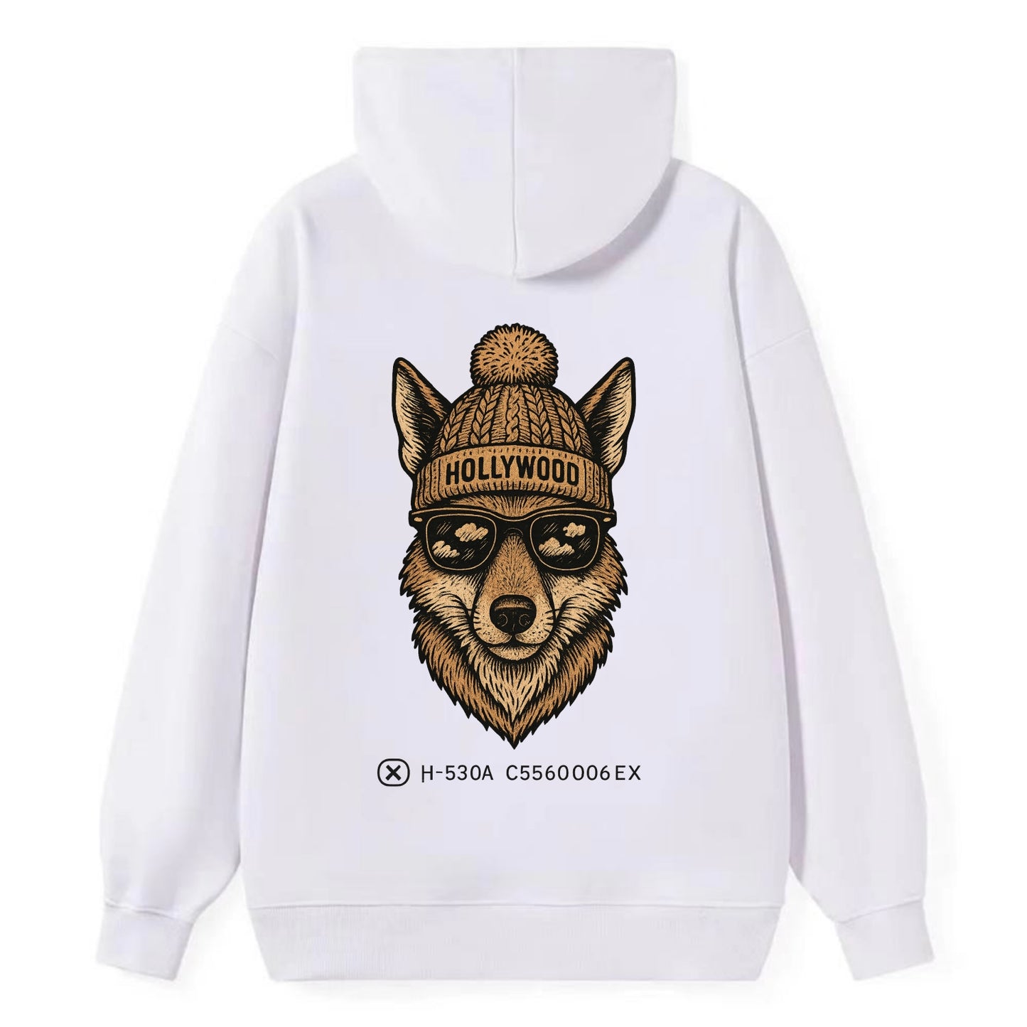 LA Coyote wearing Hollywood beanie with pom pom and wayfarer sunglasses - Classic Pullover Hoodie - White