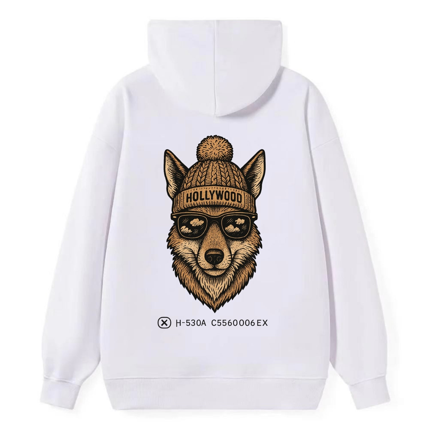 LA Coyote wearing Hollywood beanie with pom pom and wayfarer sunglasses - Classic Pullover Hoodie - White