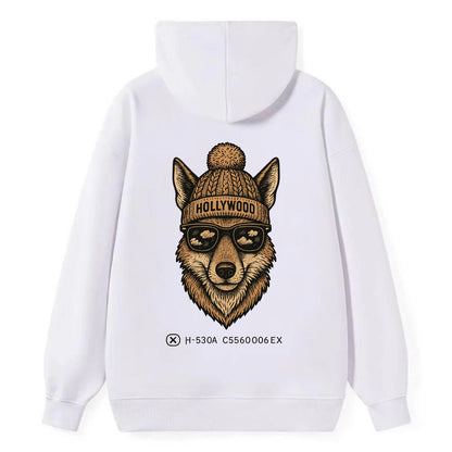 LA Coyote wearing Hollywood beanie with pom pom and wayfarer sunglasses - Classic Pullover Hoodie - White