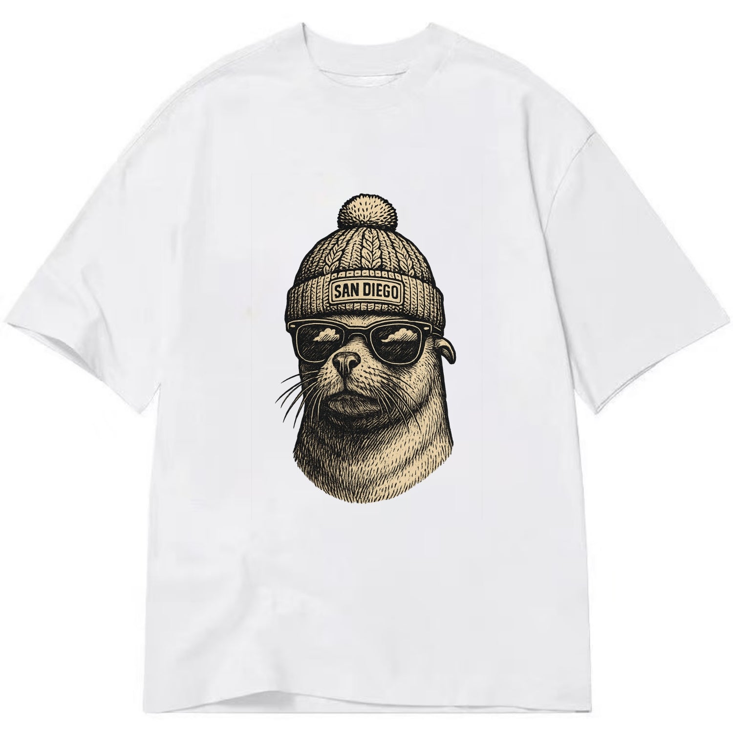San Diego Sea Lion wearing San Diego beanie with pom pom and wayfarer sunglasses - Classic T-shirt - White