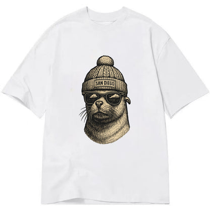 San Diego Sea Lion wearing San Diego beanie with pom pom and wayfarer sunglasses - Classic T-shirt - White