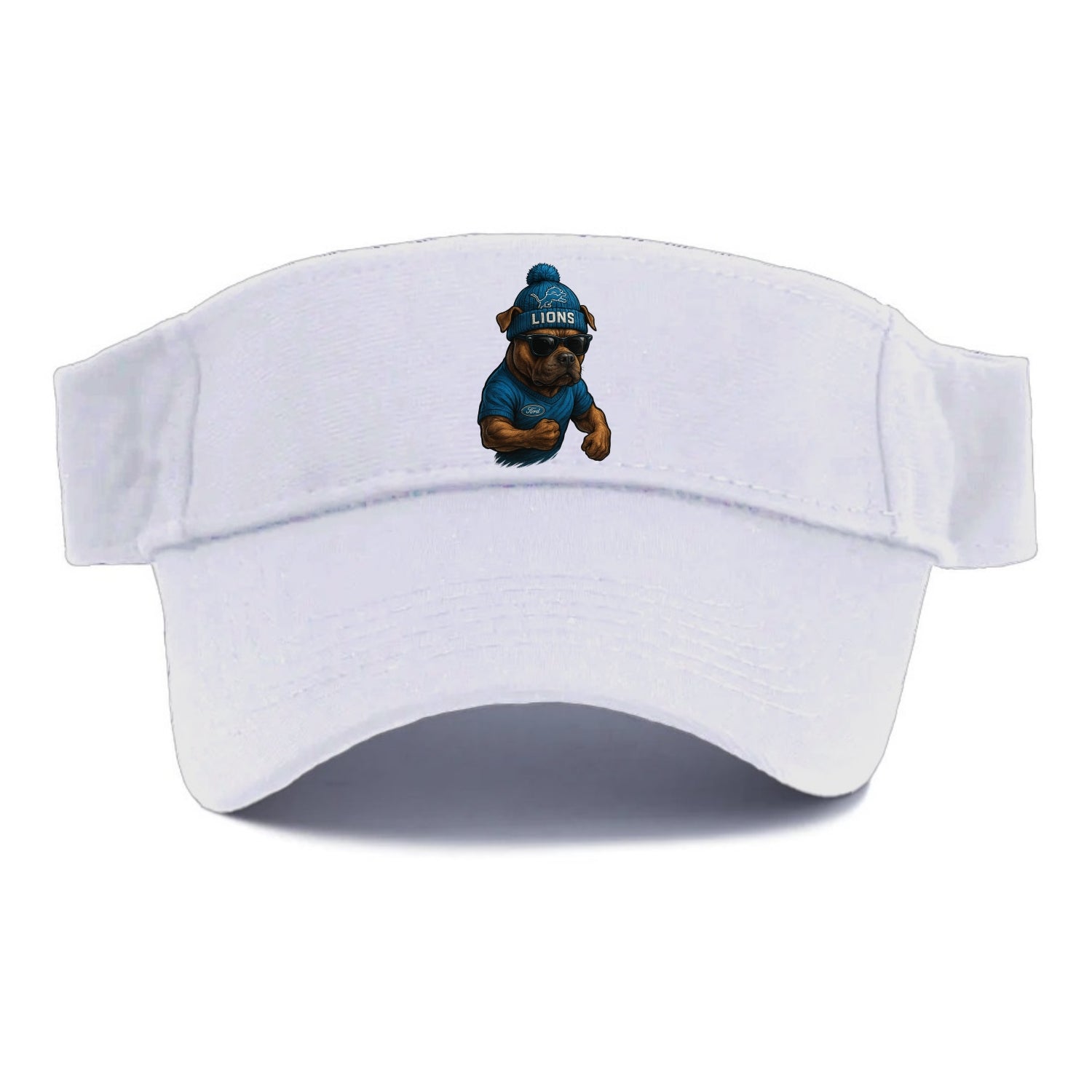 Detroit Pitbull wearing Lions beanie with auto patch and wayfarer sunglasses - Visor - White