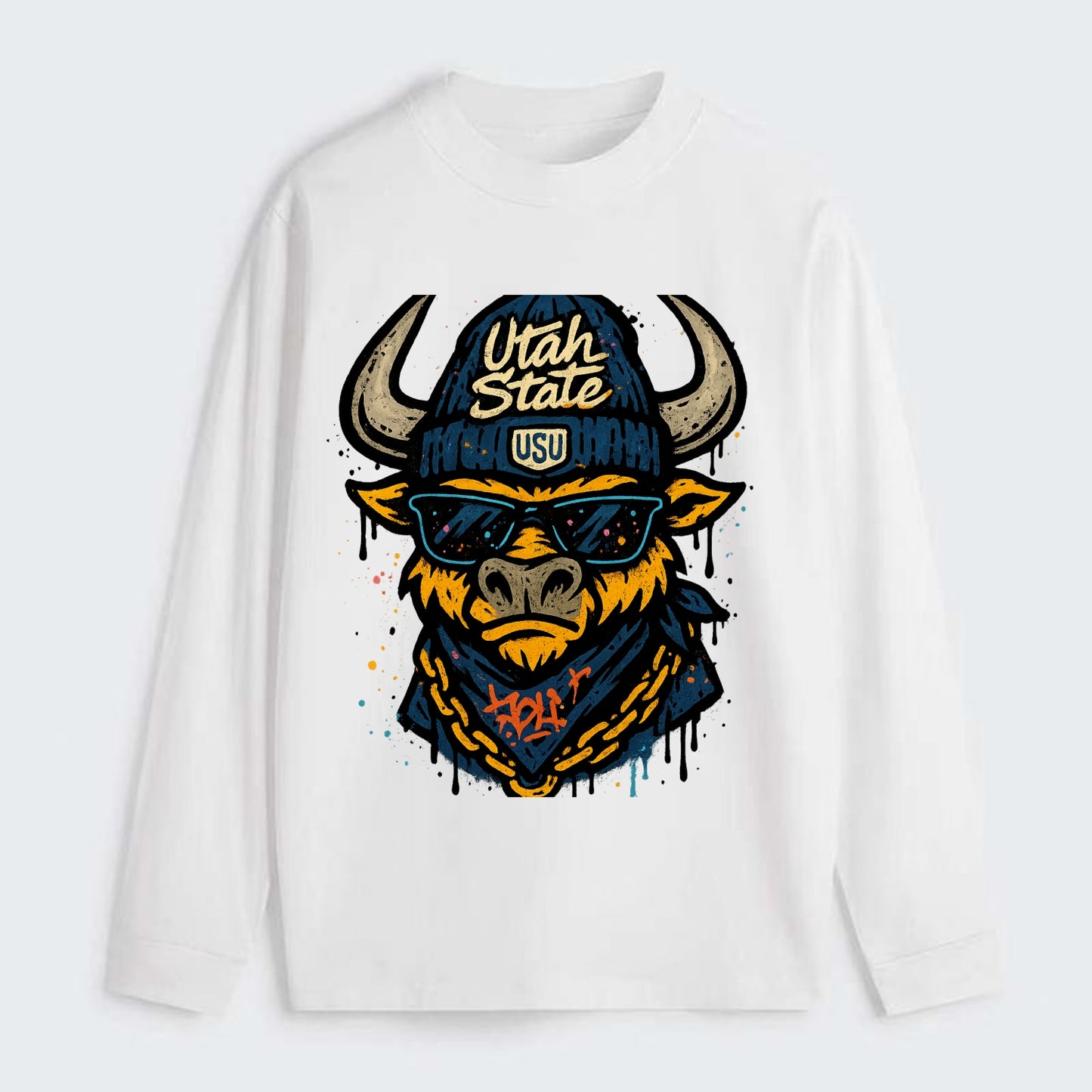 Logan Aggie wearing Utah State beanie with USU patch - Classic Long Sleeve Shirt - White