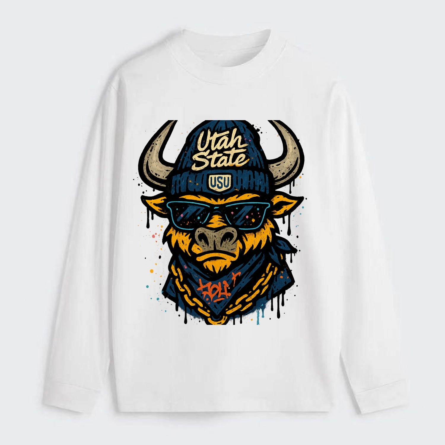 Logan Aggie wearing Utah State beanie with USU patch - Classic Long Sleeve Shirt - White