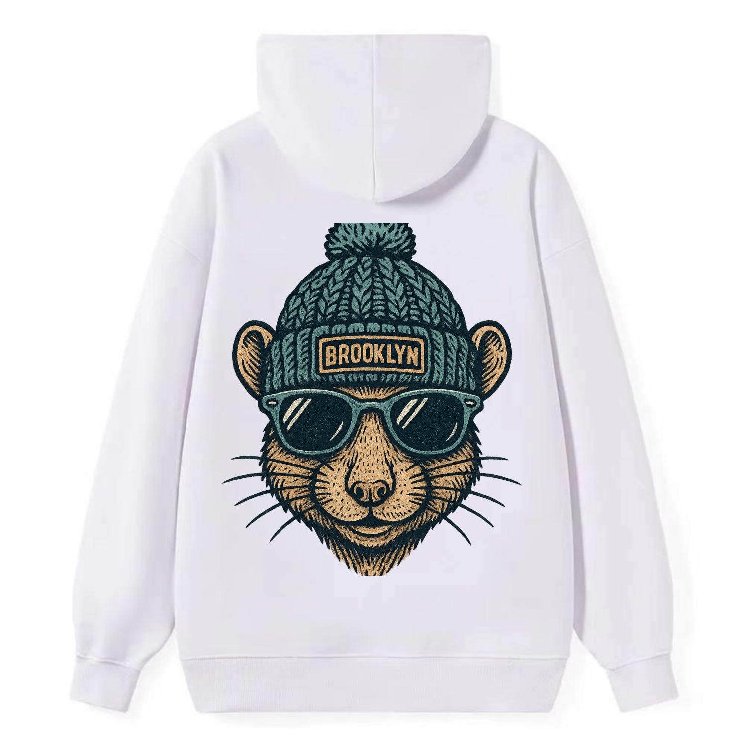 NYC Rat wearing Brooklyn beanie with pom pom and wayfarer sunglasses - Classic Pullover Hoodie - White