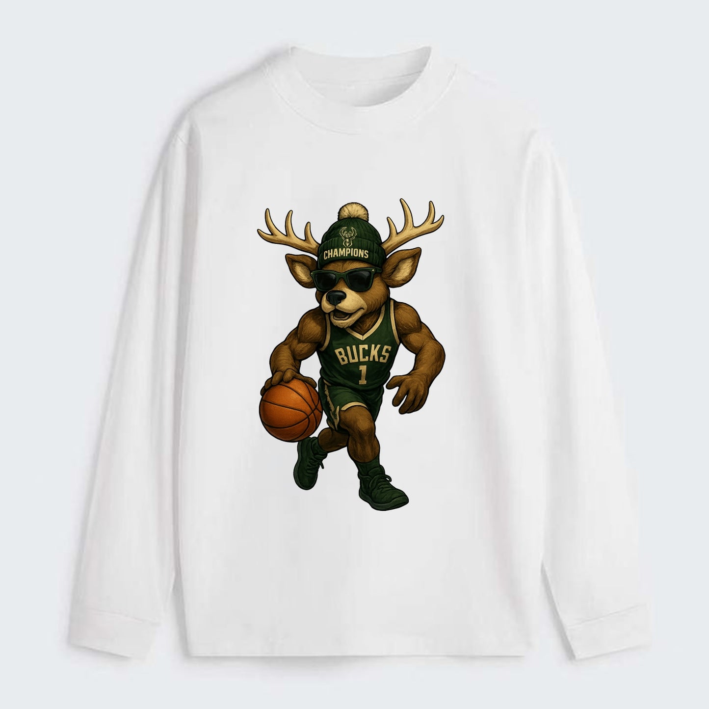 Milwaukee Buck Deer wearing Bucks green and cream beanie with antlers - Classic Long Sleeve Shirt - White