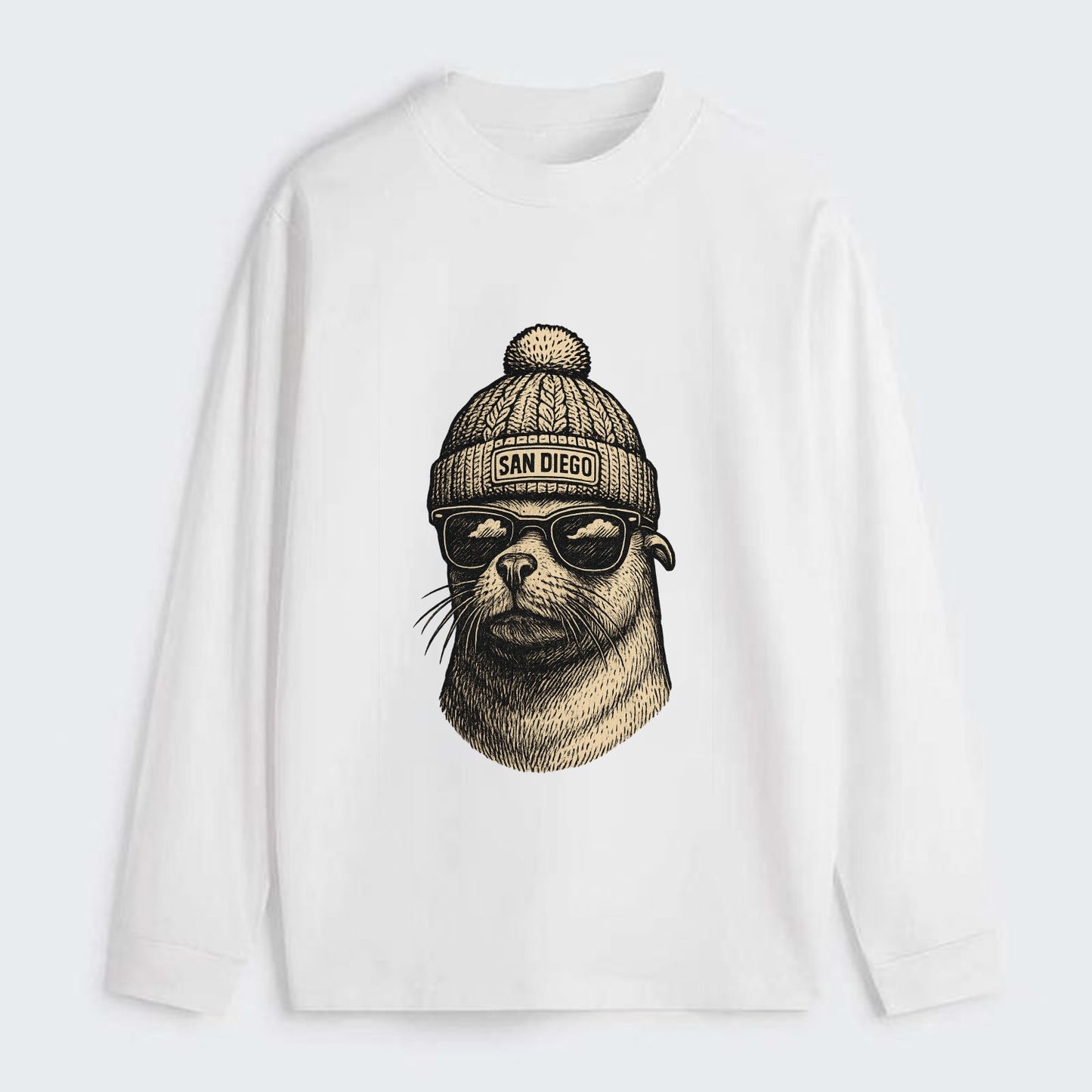 San Diego Sea Lion wearing San Diego beanie with pom pom and wayfarer - Classic Long Sleeve Shirt - White