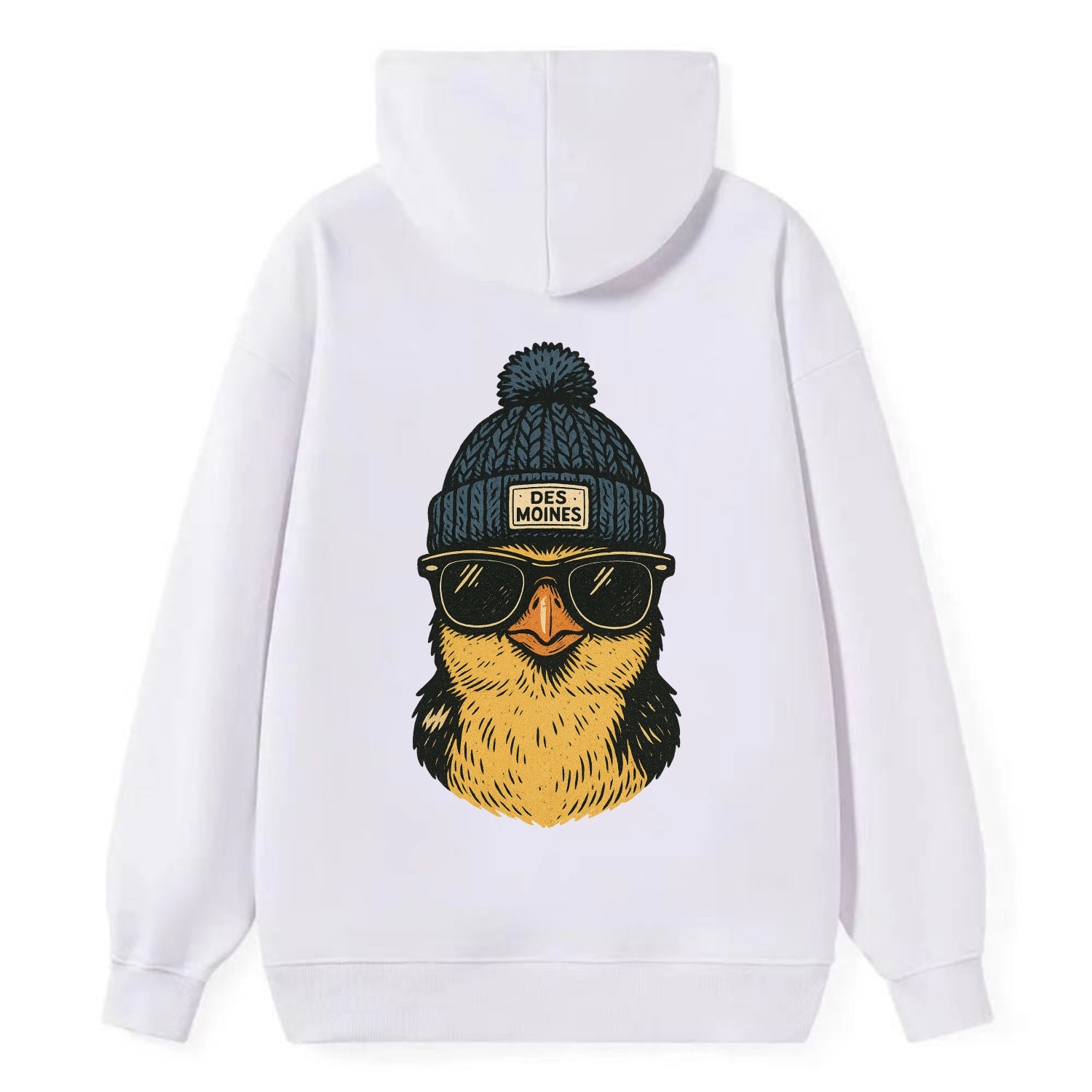 Iowa Goldfinch wearing Des Moines beanie with pom pom and wayfarer - Classic Pullover Hoodie - White
