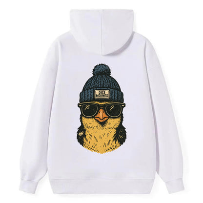Iowa Goldfinch wearing Des Moines beanie with pom pom and wayfarer - Classic Pullover Hoodie - White