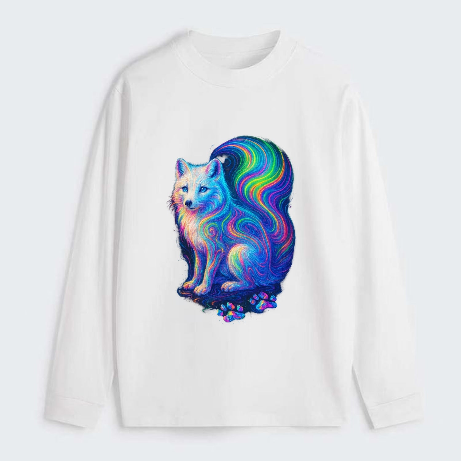 Graceful arctic fox with tail streaming aurora colors, white fur with - Classic Long Sleeve Shirt - White