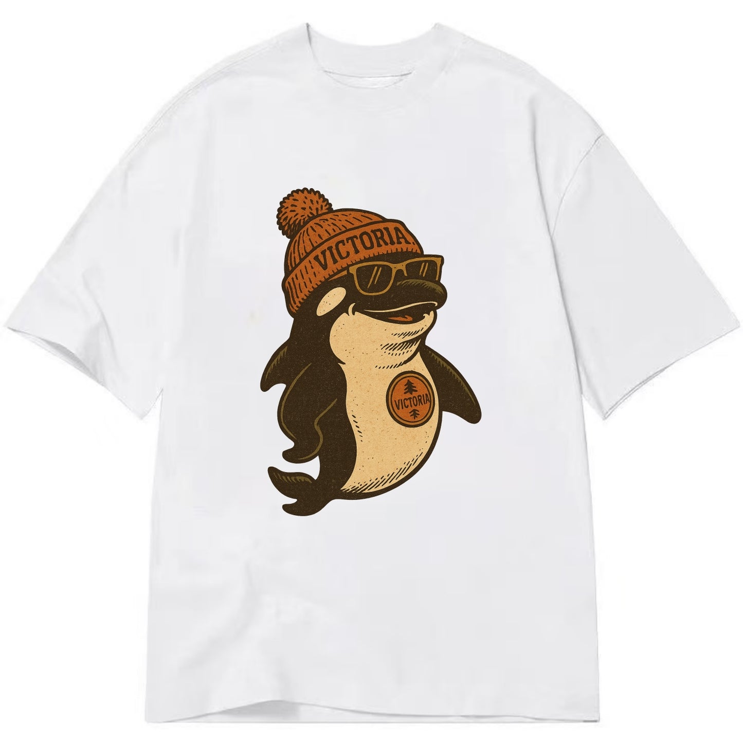 Victoria Orca wearing Victoria beanie with pom pom and wayfarer sunglasses - Classic T-shirt - White