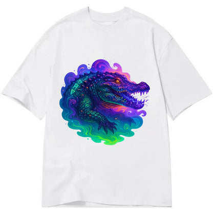 Primordial crocodile with scales pulsing plasma energy in green and purple, - Classic T-shirt - White