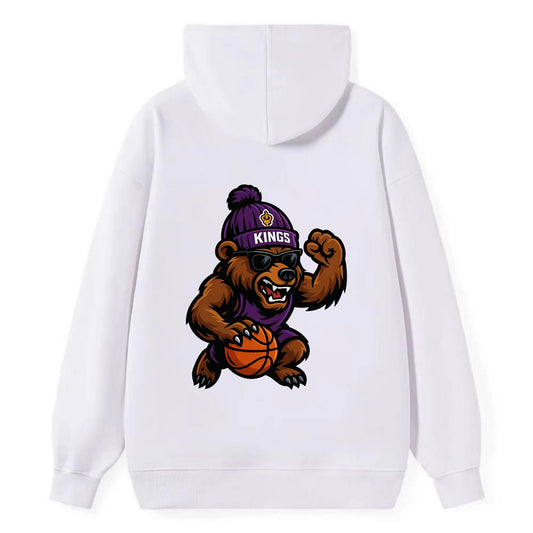 California Grizzly wearing Kings beanie with royal scepter patch and - Classic Pullover Hoodie - White