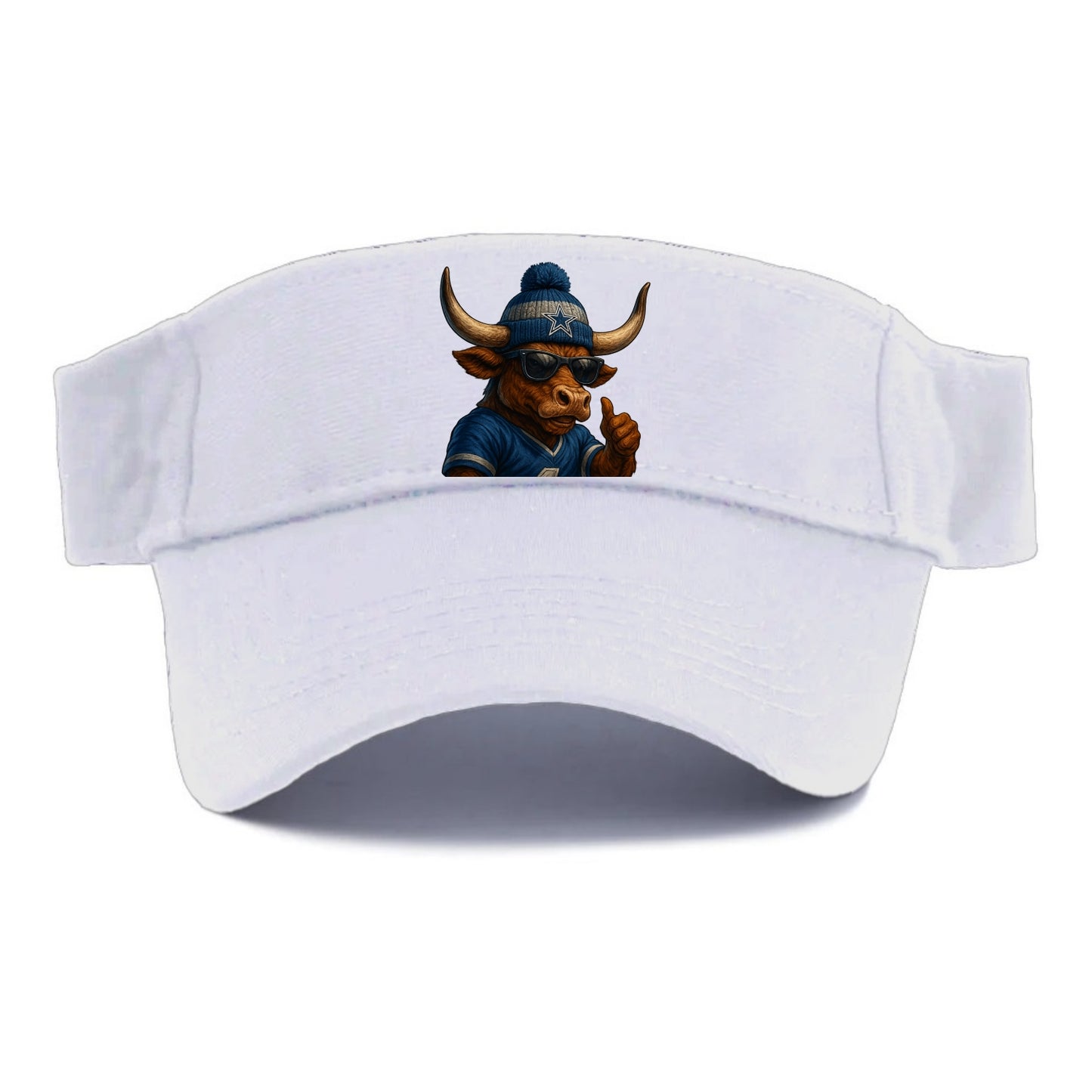 Texas Longhorn wearing Cowboys silver and blue beanie with star and wayfarer sunglasses - Visor - White