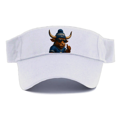 Texas Longhorn wearing Cowboys silver and blue beanie with star and wayfarer sunglasses - Visor - White