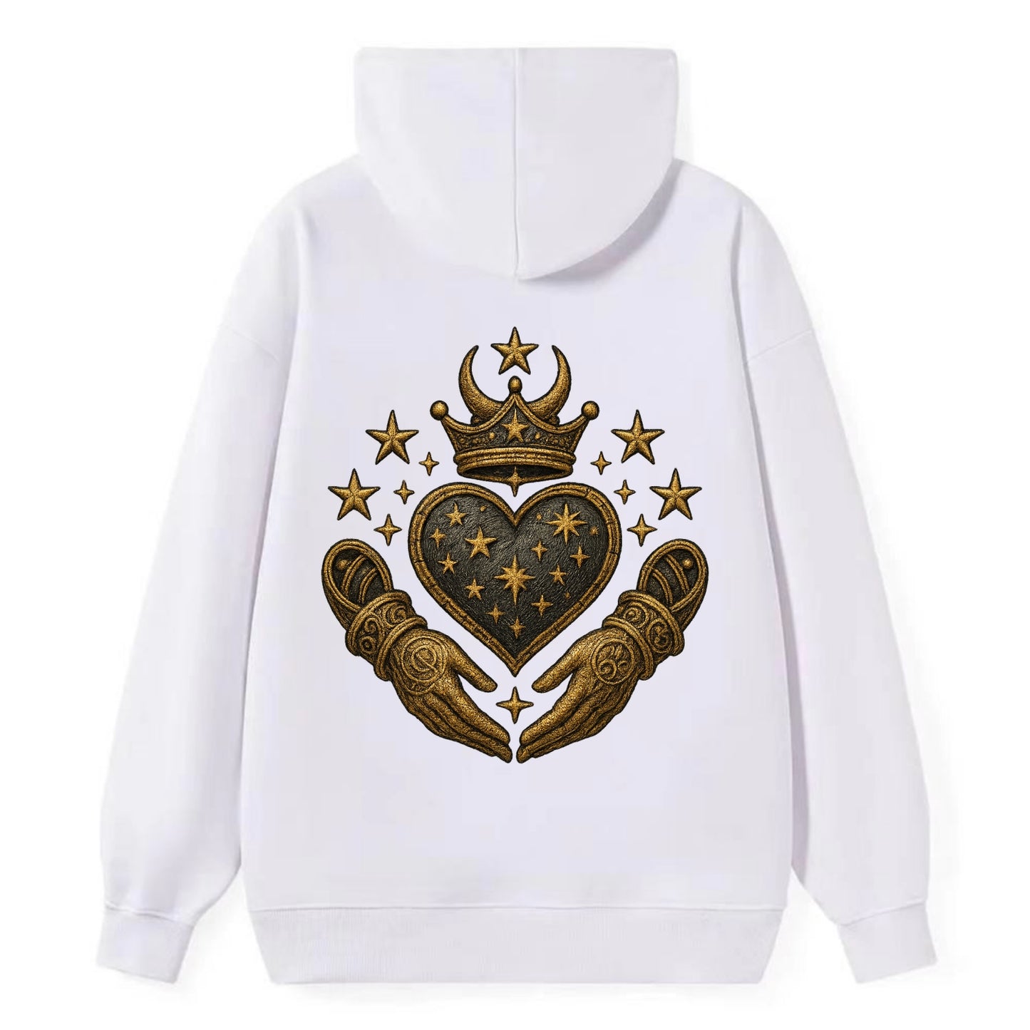 Weathered antique brass crown above a hammered gunmetal heart framed by - Classic Pullover Hoodie - White