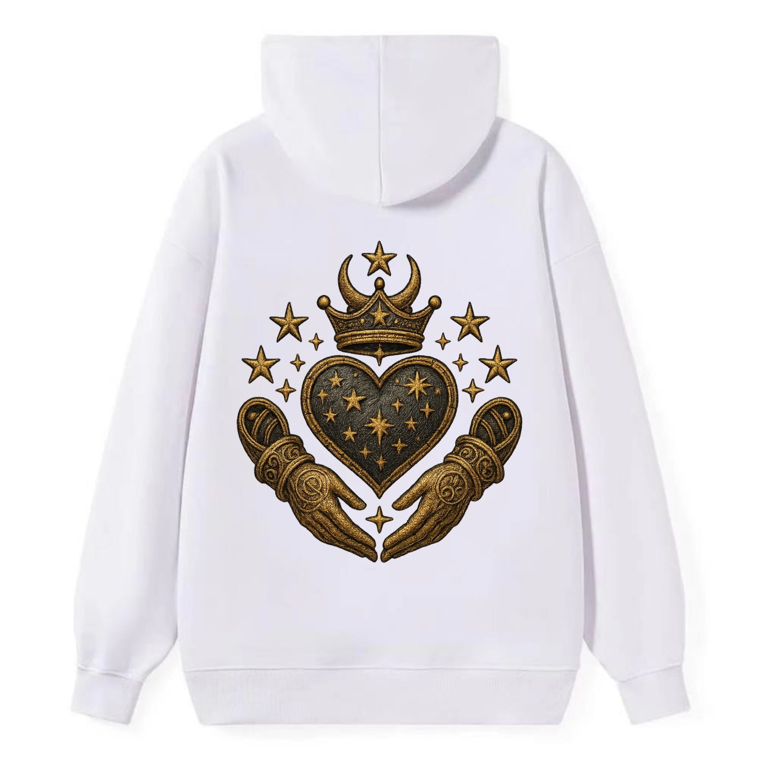 Weathered antique brass crown above a hammered gunmetal heart framed by - Classic Pullover Hoodie - White