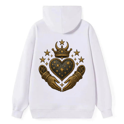 Weathered antique brass crown above a hammered gunmetal heart framed by - Classic Pullover Hoodie - White