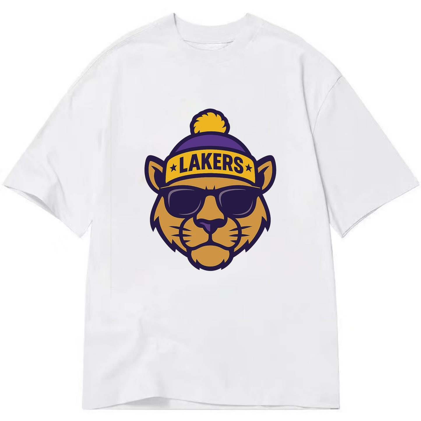 LA Mountain Lion wearing Lakers purple and gold beanie with championship stars - Classic T-shirt - White