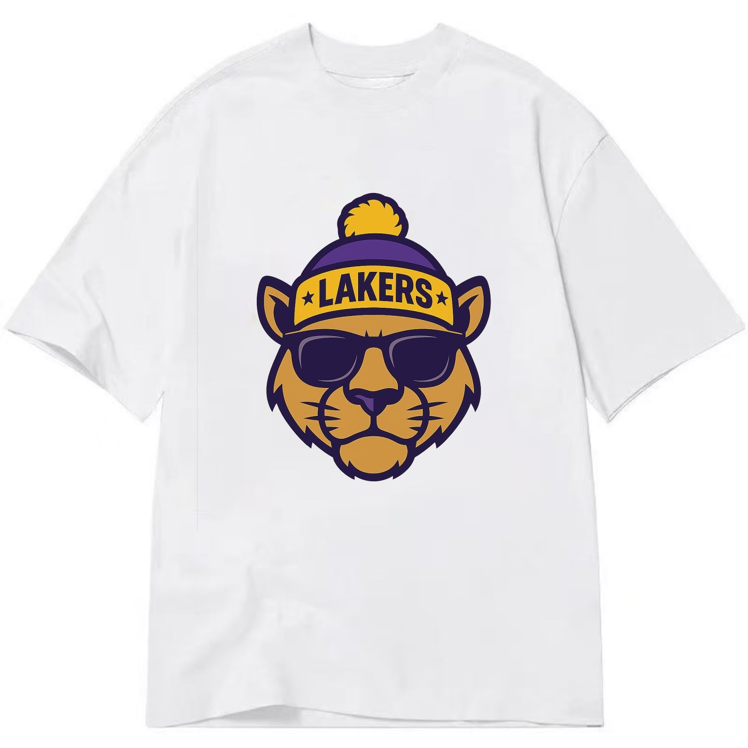LA Mountain Lion wearing Lakers purple and gold beanie with championship stars - Classic T-shirt - White