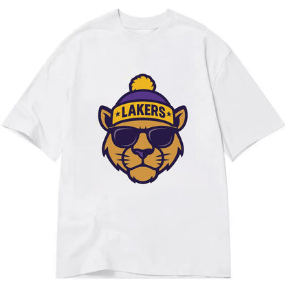 LA Mountain Lion wearing Lakers purple and gold beanie with championship stars - Classic T-shirt - White