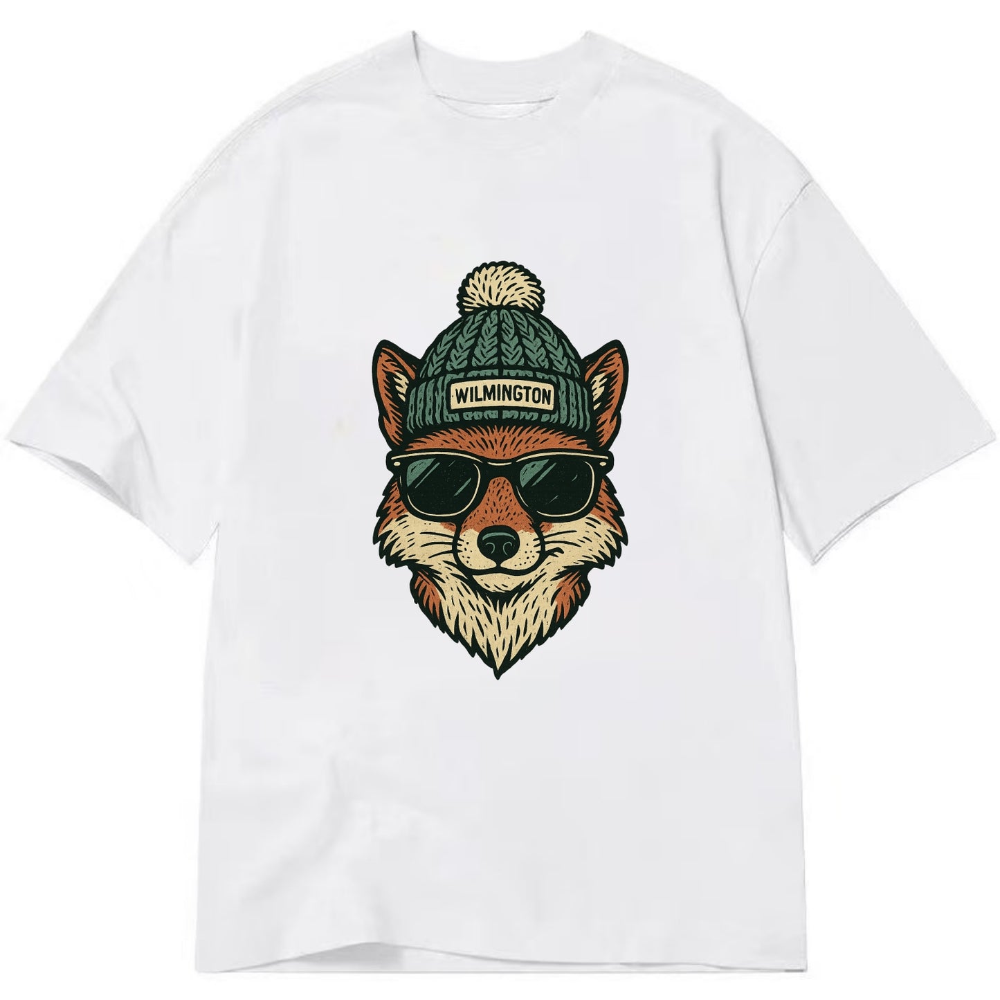 Delaware Gray Fox wearing Wilmington beanie with pom pom and wayfarer sunglasses - Classic T-shirt - White