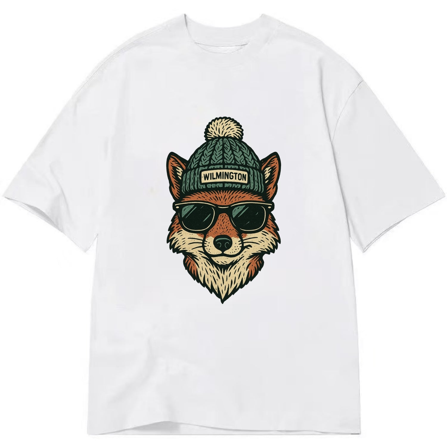 Delaware Gray Fox wearing Wilmington beanie with pom pom and wayfarer sunglasses - Classic T-shirt - White