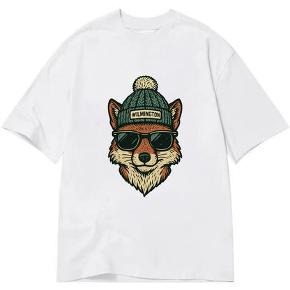 Delaware Gray Fox wearing Wilmington beanie with pom pom and wayfarer sunglasses - Classic T-shirt - White