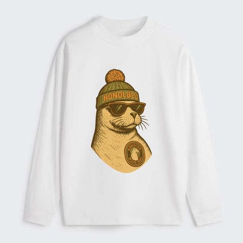 Hawaii Monk Seal wearing Honolulu beanie with pom pom and wayfarer - Classic Long Sleeve Shirt