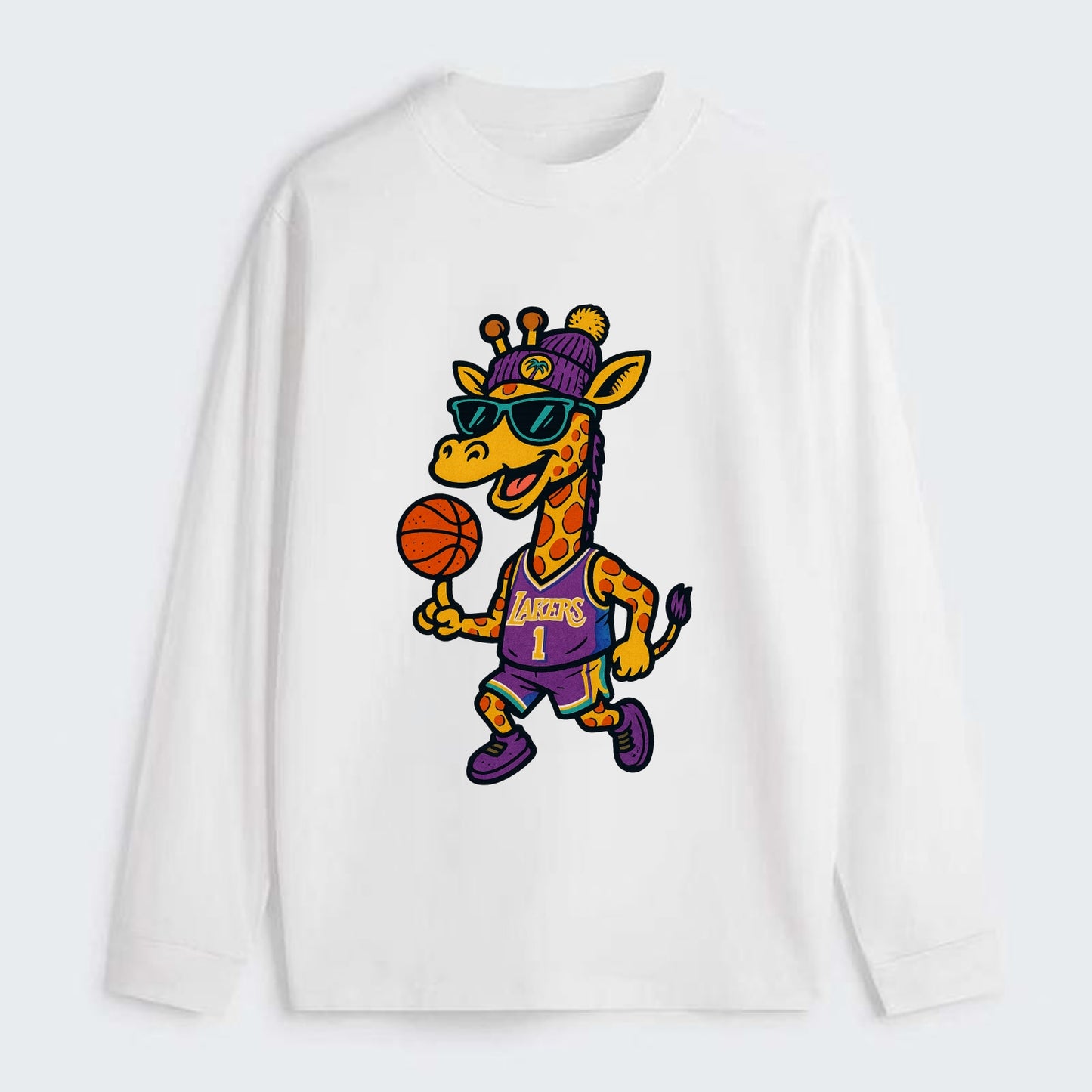 California Giraffe wearing Lakers beanie with palm tree patch and - Classic Long Sleeve Shirt - White