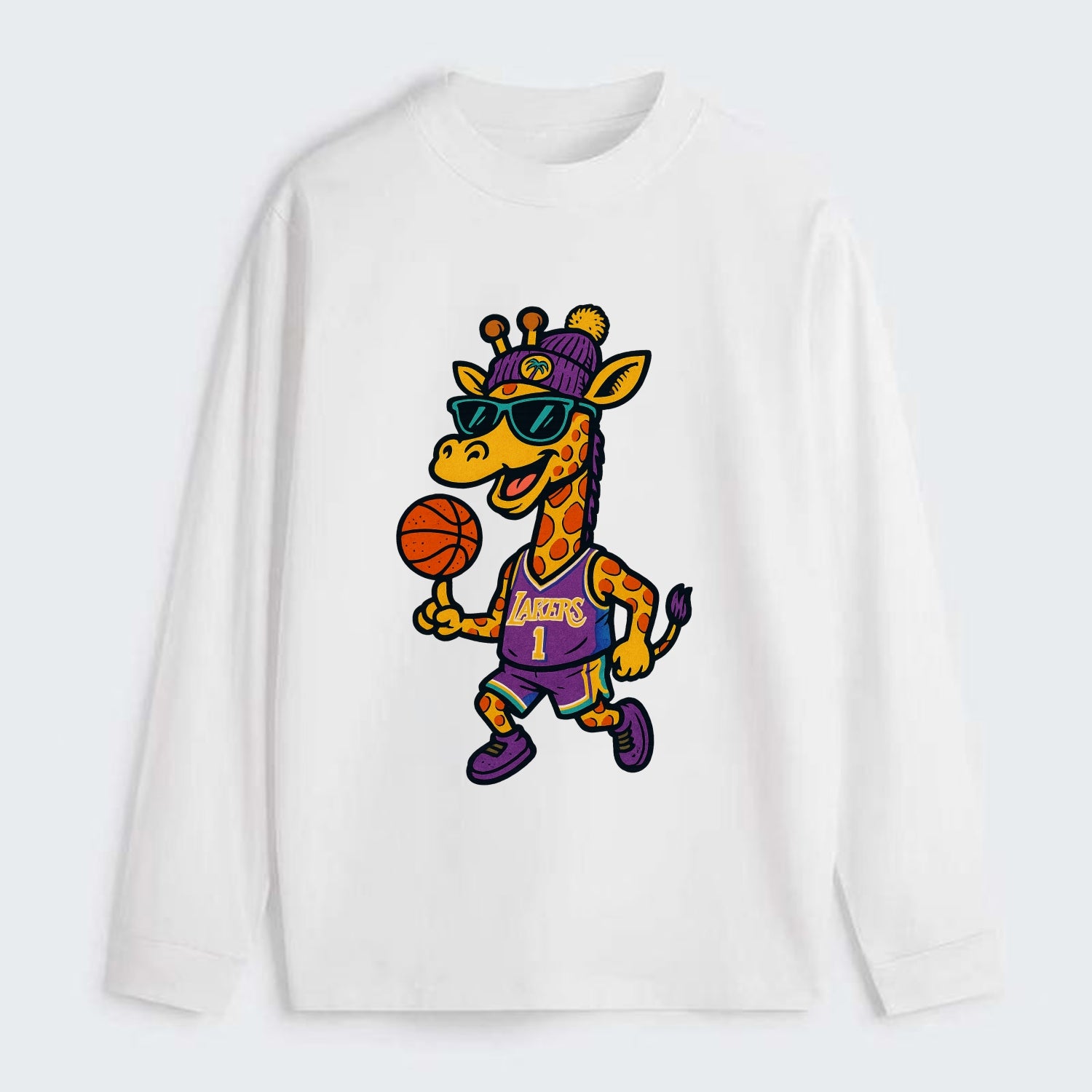 California Giraffe wearing Lakers beanie with palm tree patch and - Classic Long Sleeve Shirt - White