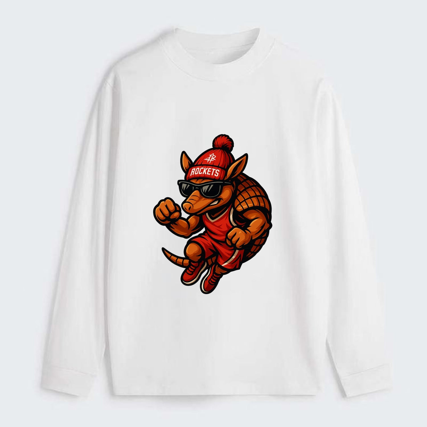 Houston Armadillo wearing Rockets red and silver beanie with rocket - Classic Long Sleeve Shirt - White