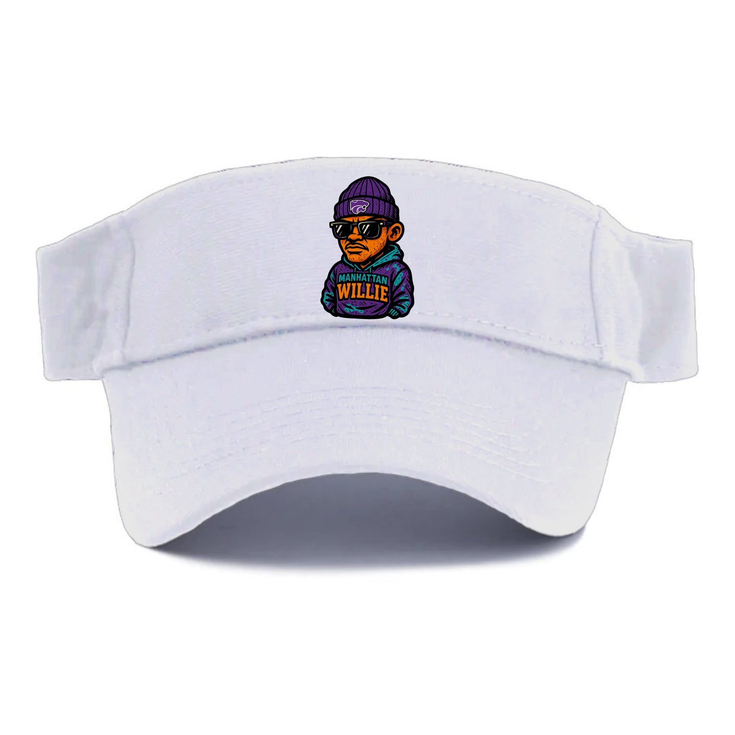 Manhattan Willie wearing Kansas State beanie with powercat patch - Visor - White