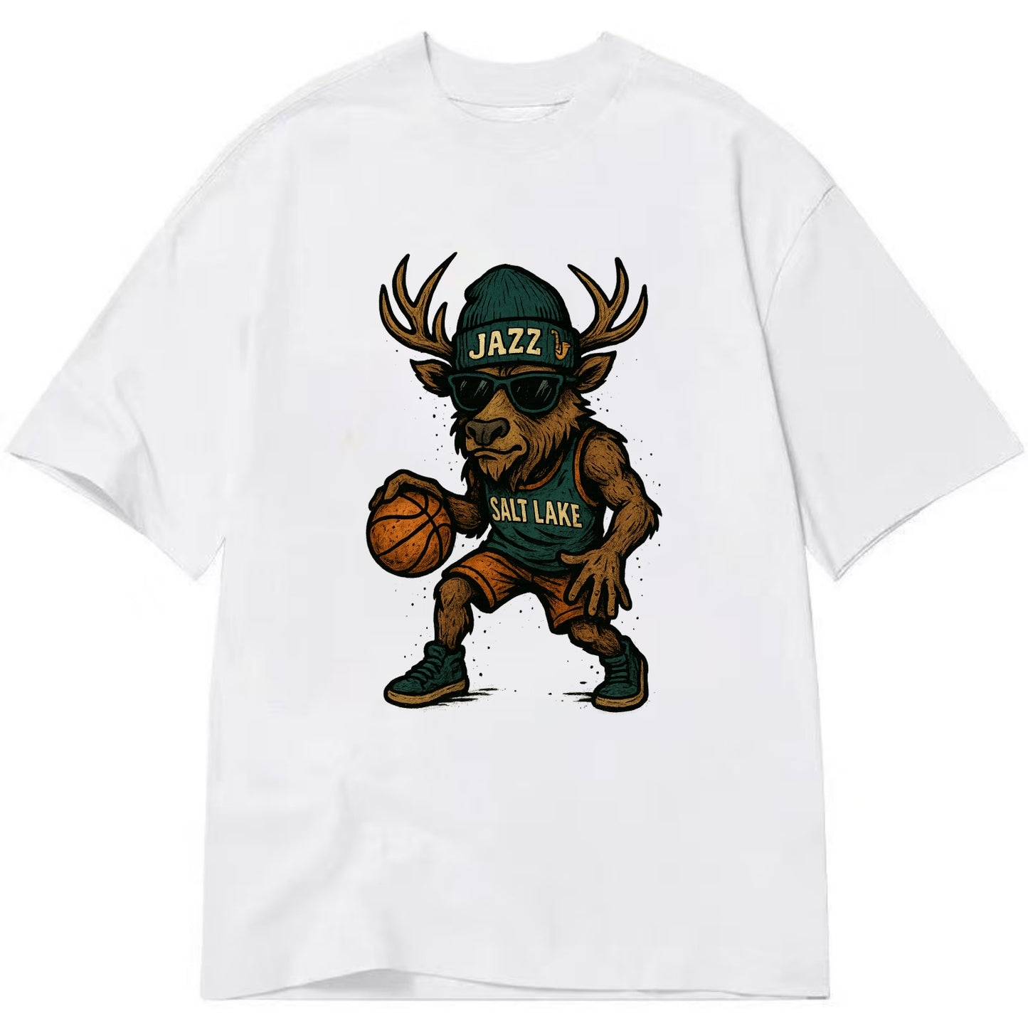 Salt Lake Elk wearing Jazz beanie with saxophone patch and wayfarer sunglasses - Classic T-shirt - White