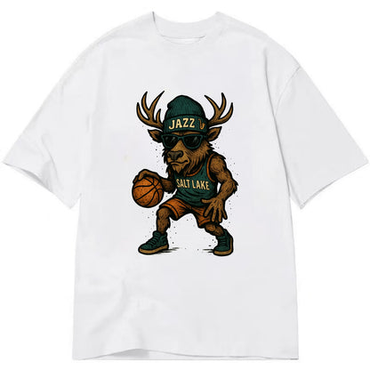 Salt Lake Elk wearing Jazz beanie with saxophone patch and wayfarer sunglasses - Classic T-shirt - White