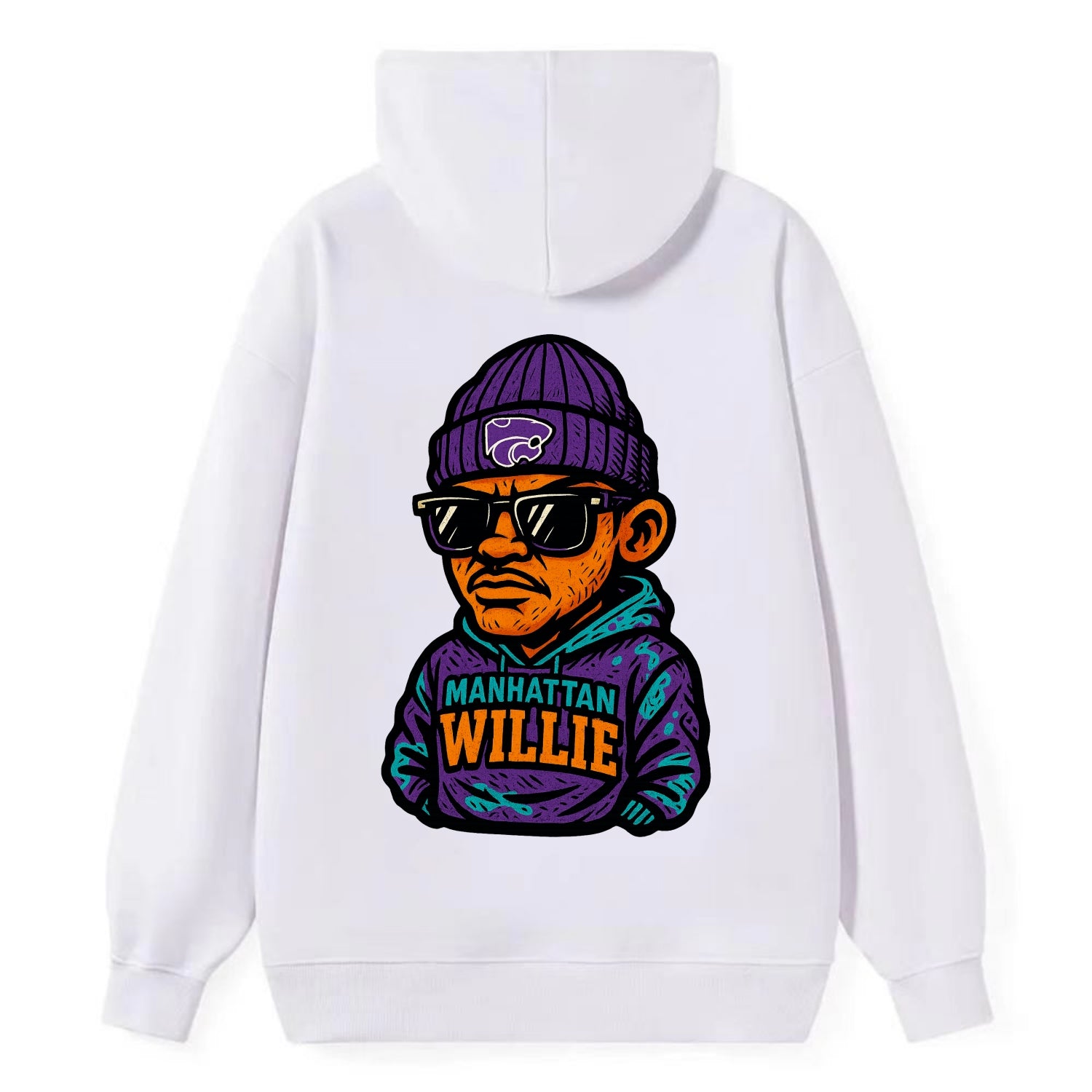 Manhattan Willie wearing Kansas State beanie with powercat patch - Classic Pullover Hoodie - White