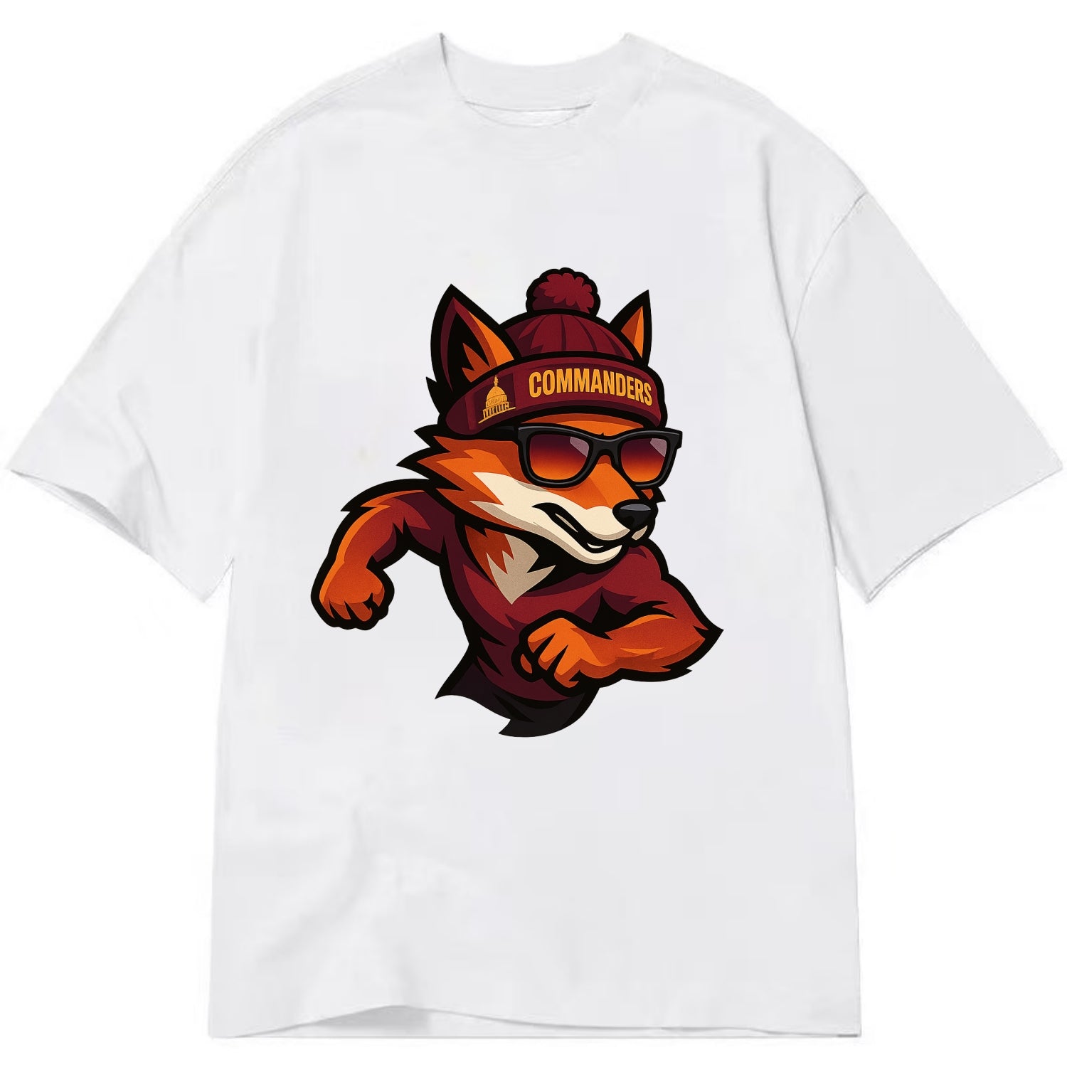 Washington Fox wearing Commanders beanie with Capitol patch and wayfarer - Classic T-shirt - White