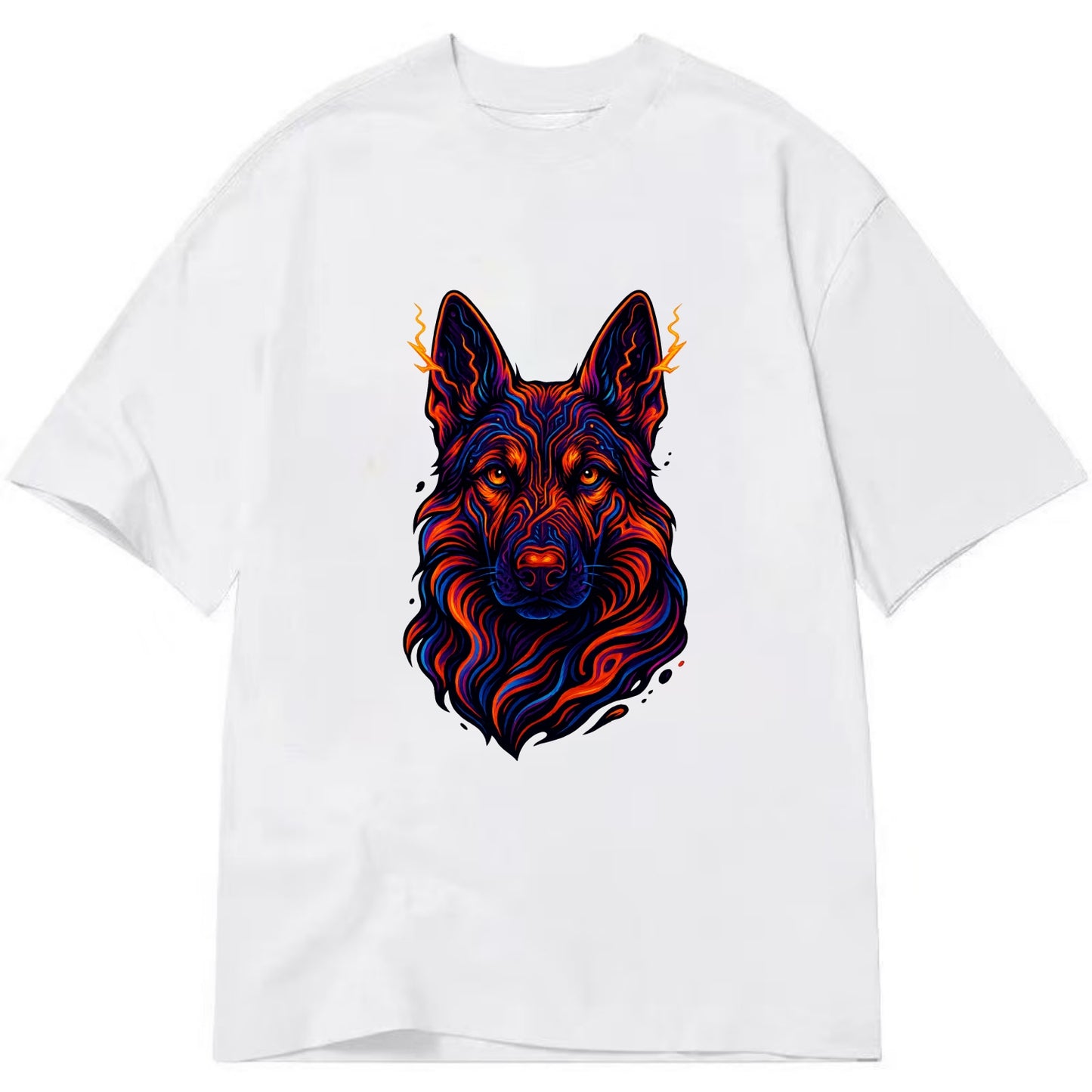 Alert German Shepherd with cyber circuit patterns in the fur, neon orange and - Classic T-shirt - White