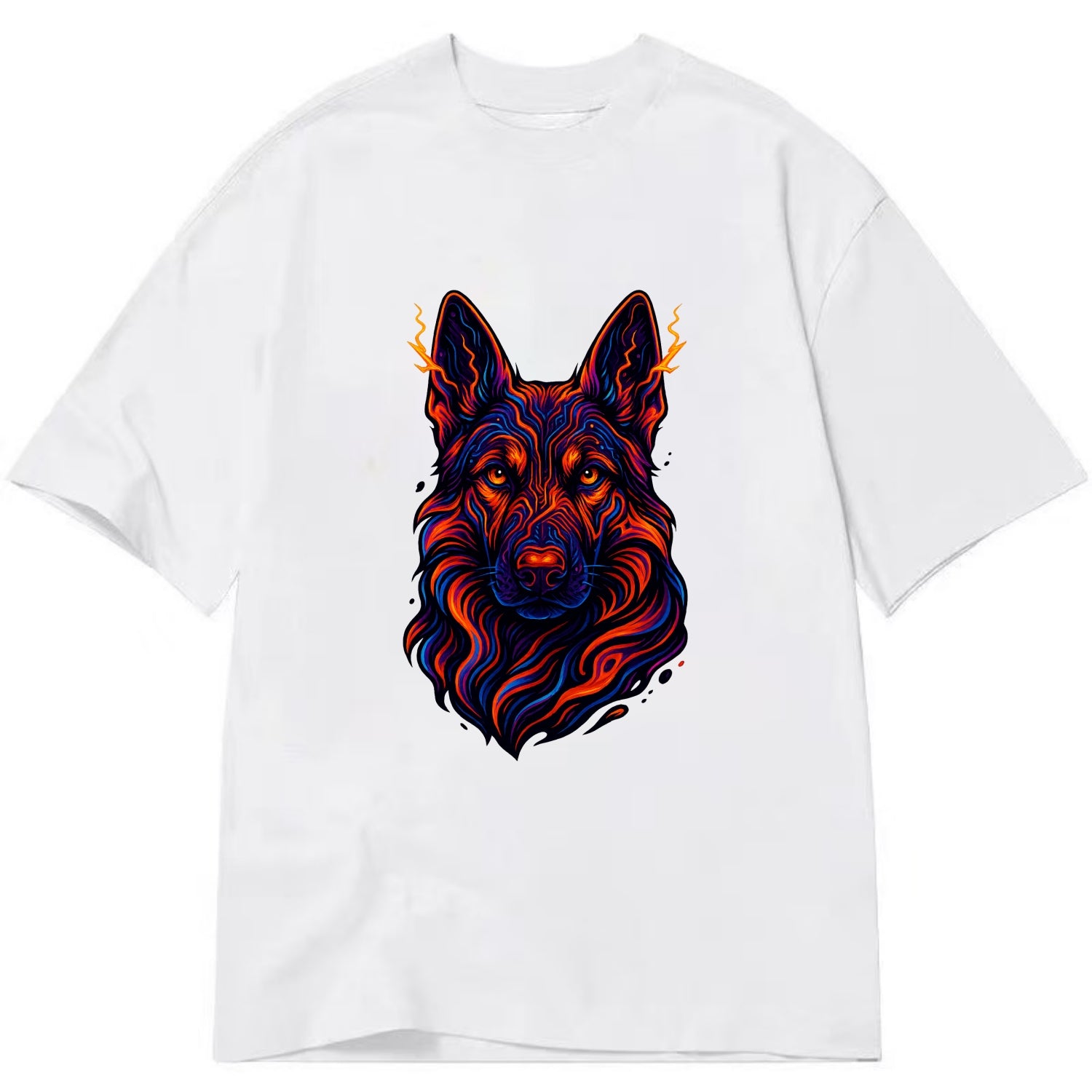 Alert German Shepherd with cyber circuit patterns in the fur, neon orange and - Classic T-shirt - White
