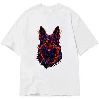 Alert German Shepherd with cyber circuit patterns in the fur, neon orange and - Classic T-shirt - White