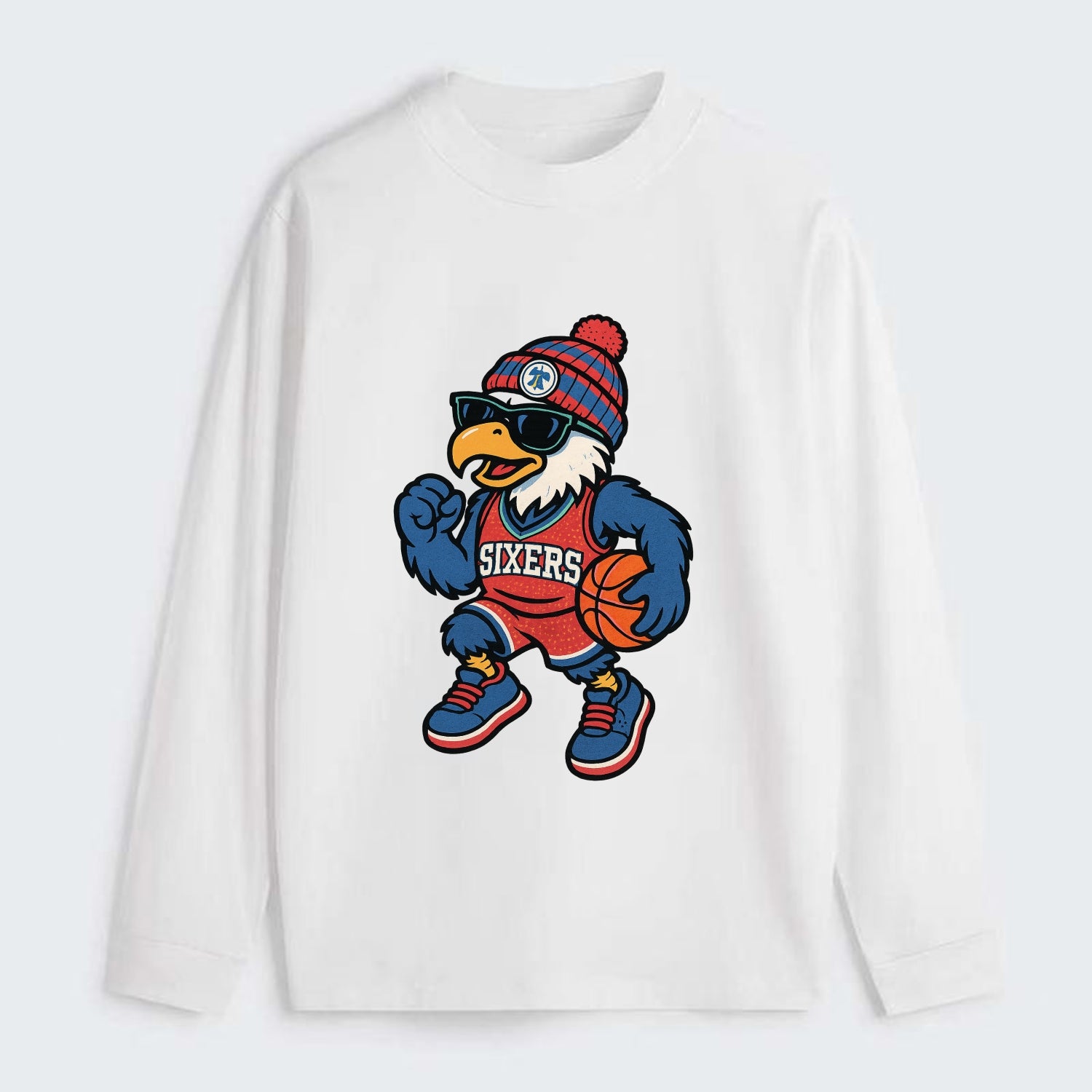 Philadelphia Eagle wearing 76ers red white and blue beanie with bell - Classic Long Sleeve Shirt - White