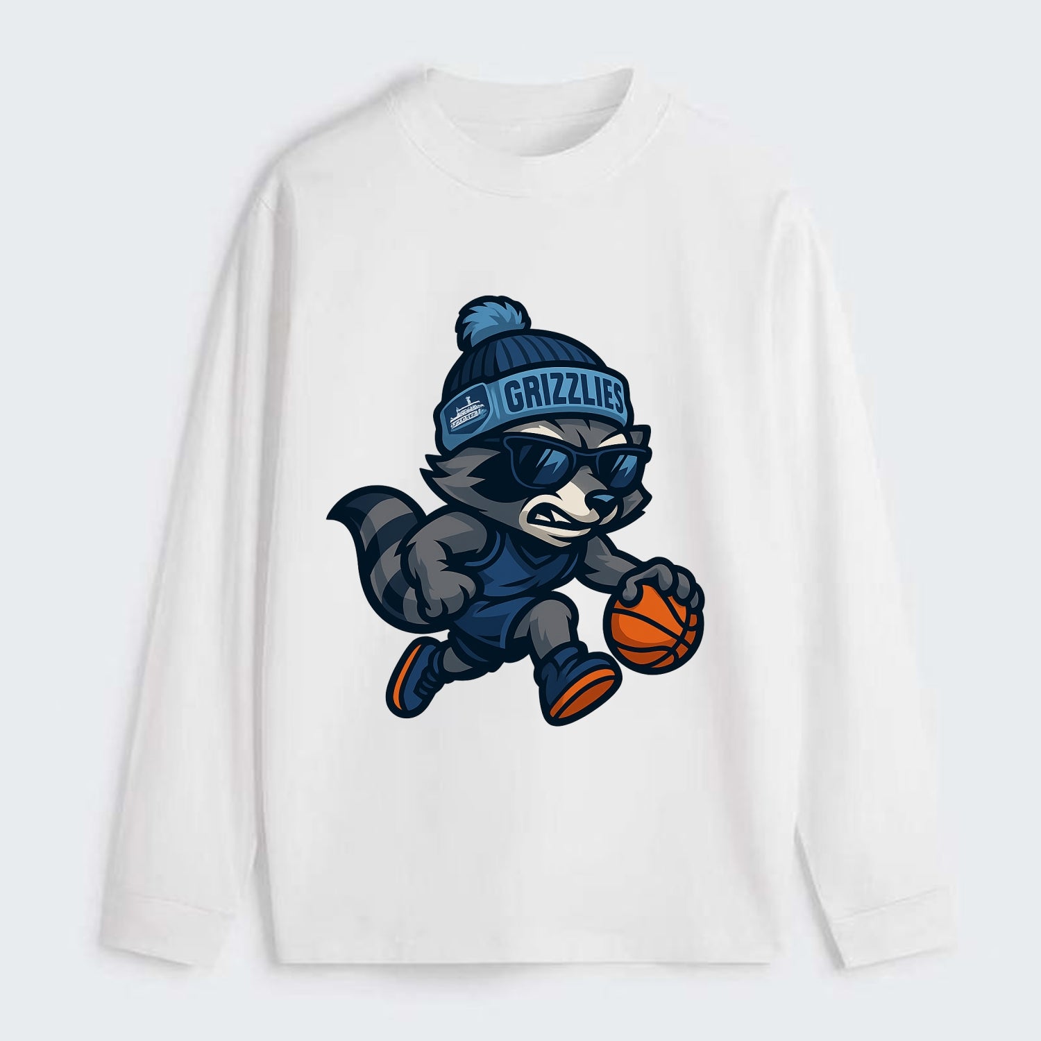 Memphis Raccoon wearing Grizzlies beanie with riverboat patch and - Classic Long Sleeve Shirt - White