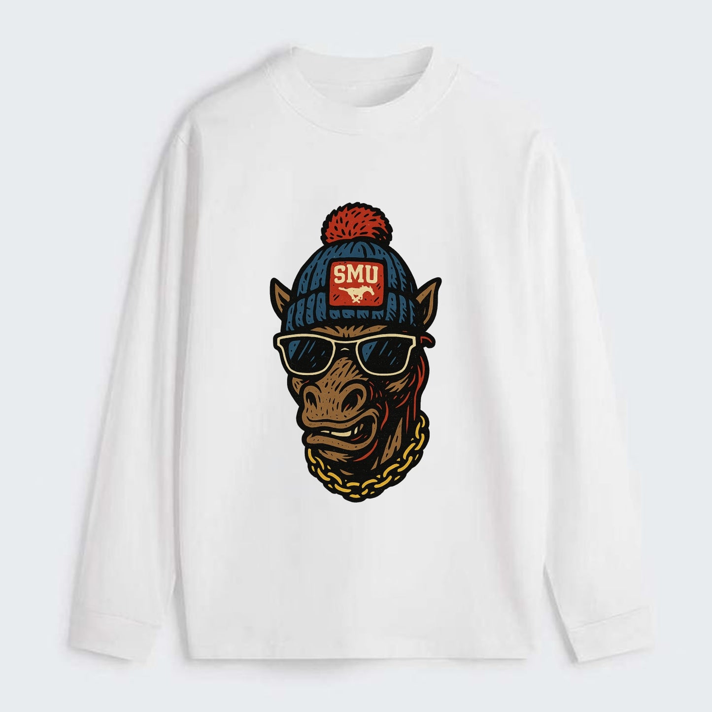 Dallas Mustang wearing SMU beanie with pony patch - Classic Long Sleeve Shirt - White